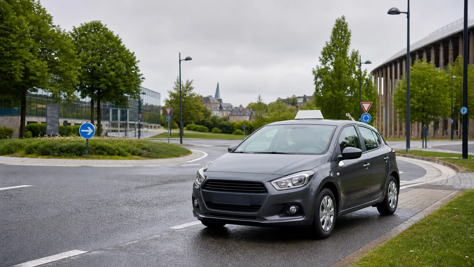 Voiture d’auto-école sur un rond-point à Louvain-la-Neuve en Wallonie