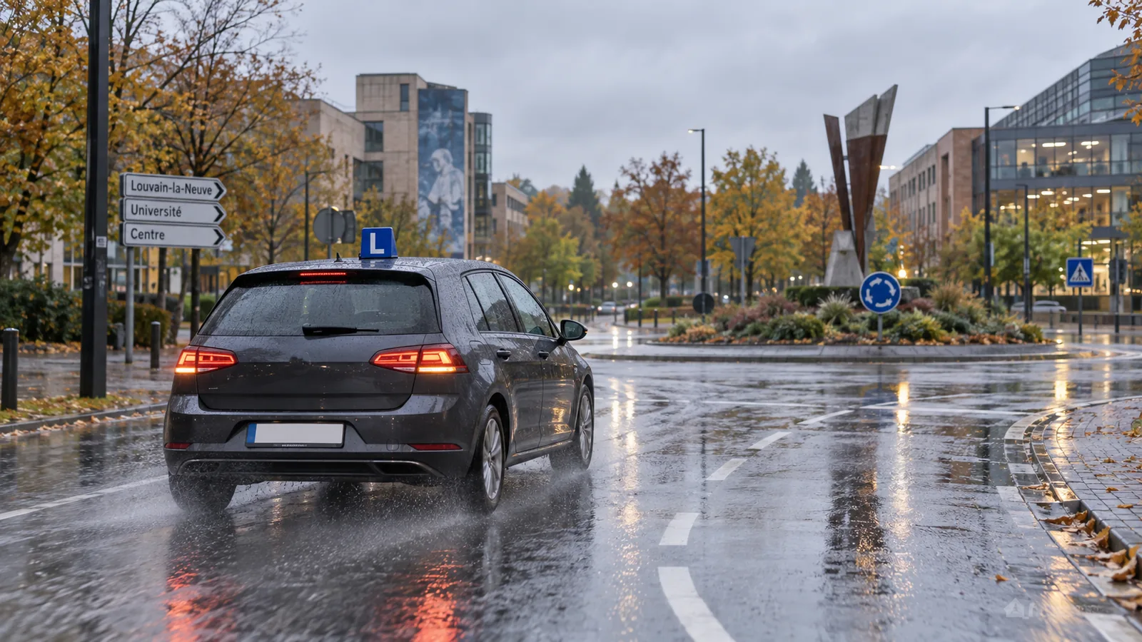Voiture d’auto-école circulant sous la pluie à Louvain-la-Neuve