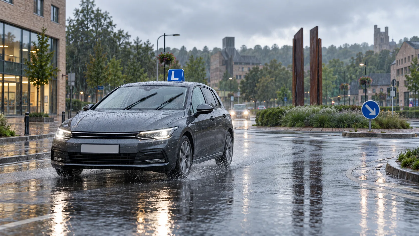 Voiture circulant sous la pluie à Louvain-la-Neuve