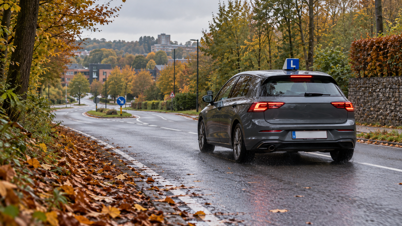 Voiture d’auto-école roulant prudemment sur une route humide couverte de feuilles à Louvain-la-Neuve