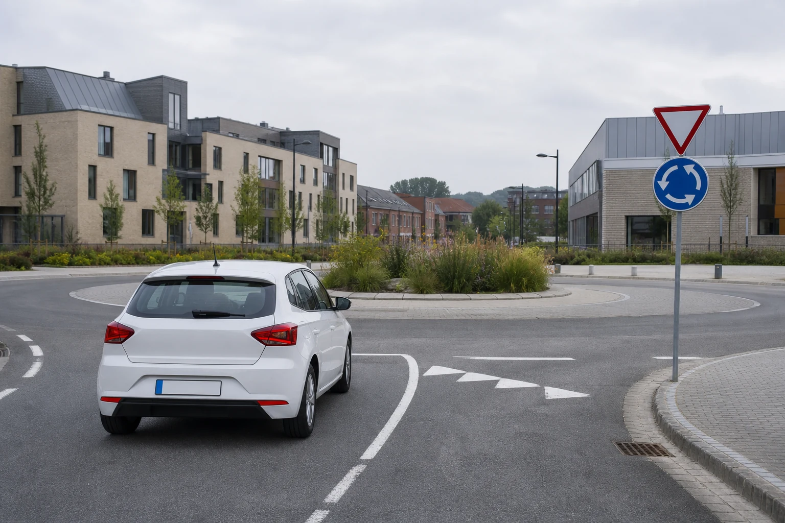 Voiture d’auto-école abordant un rond-point à Louvain-la-Neuve