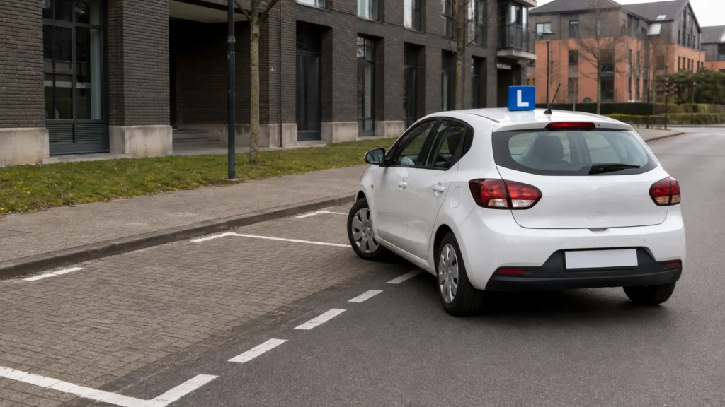 Voiture d'auto-école se préparant à une manœuvre de stationnement à Louvain-la-Neuve