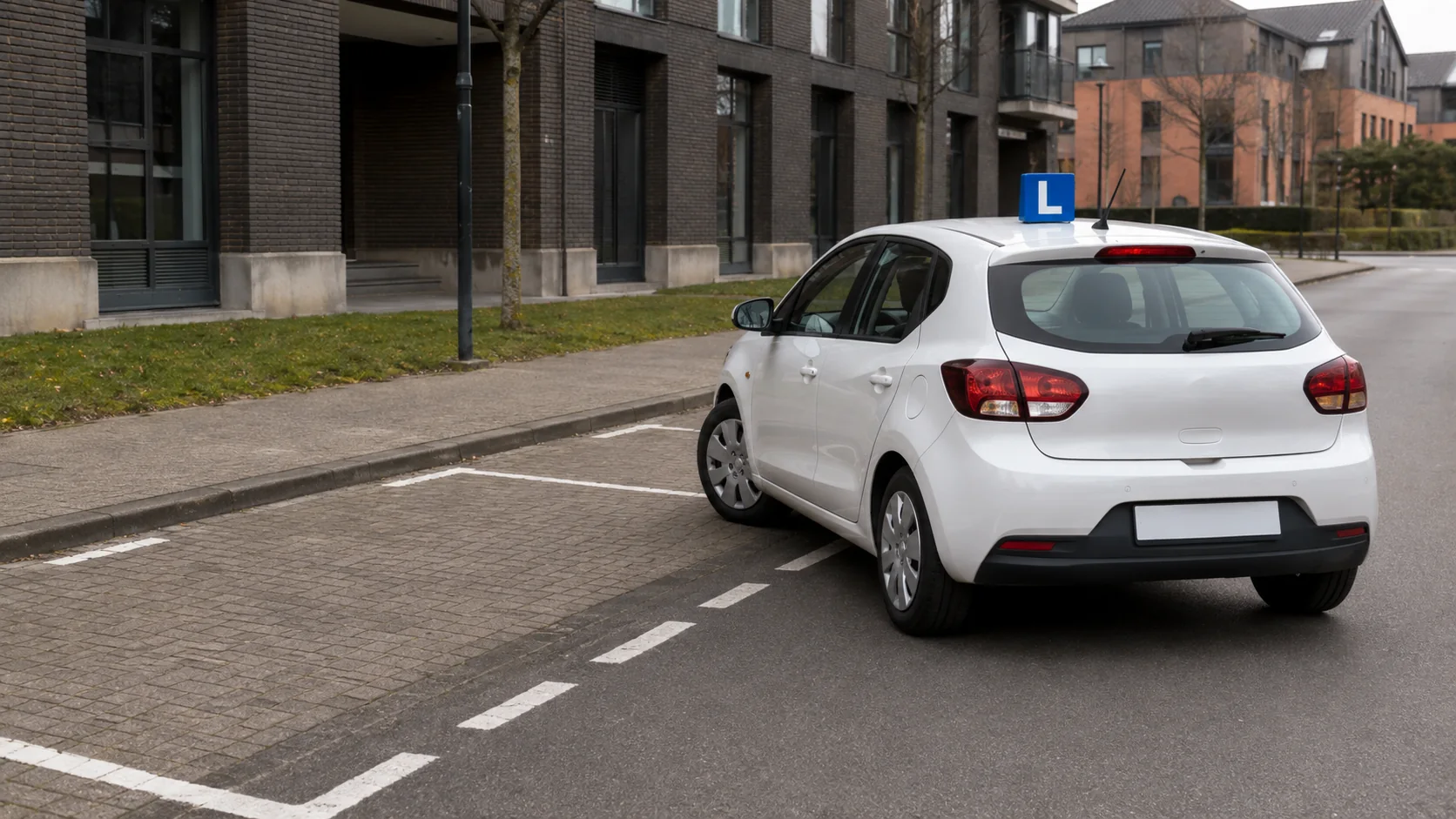 Voiture d'auto-école se préparant à une manœuvre de stationnement à Louvain-la-Neuve