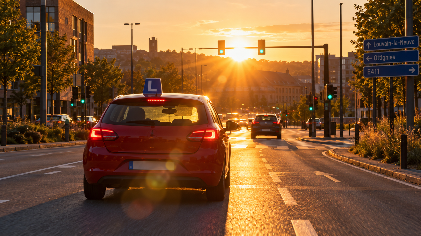 Voiture d’auto-école circulant face au soleil rasant à Louvain-la-Neuve