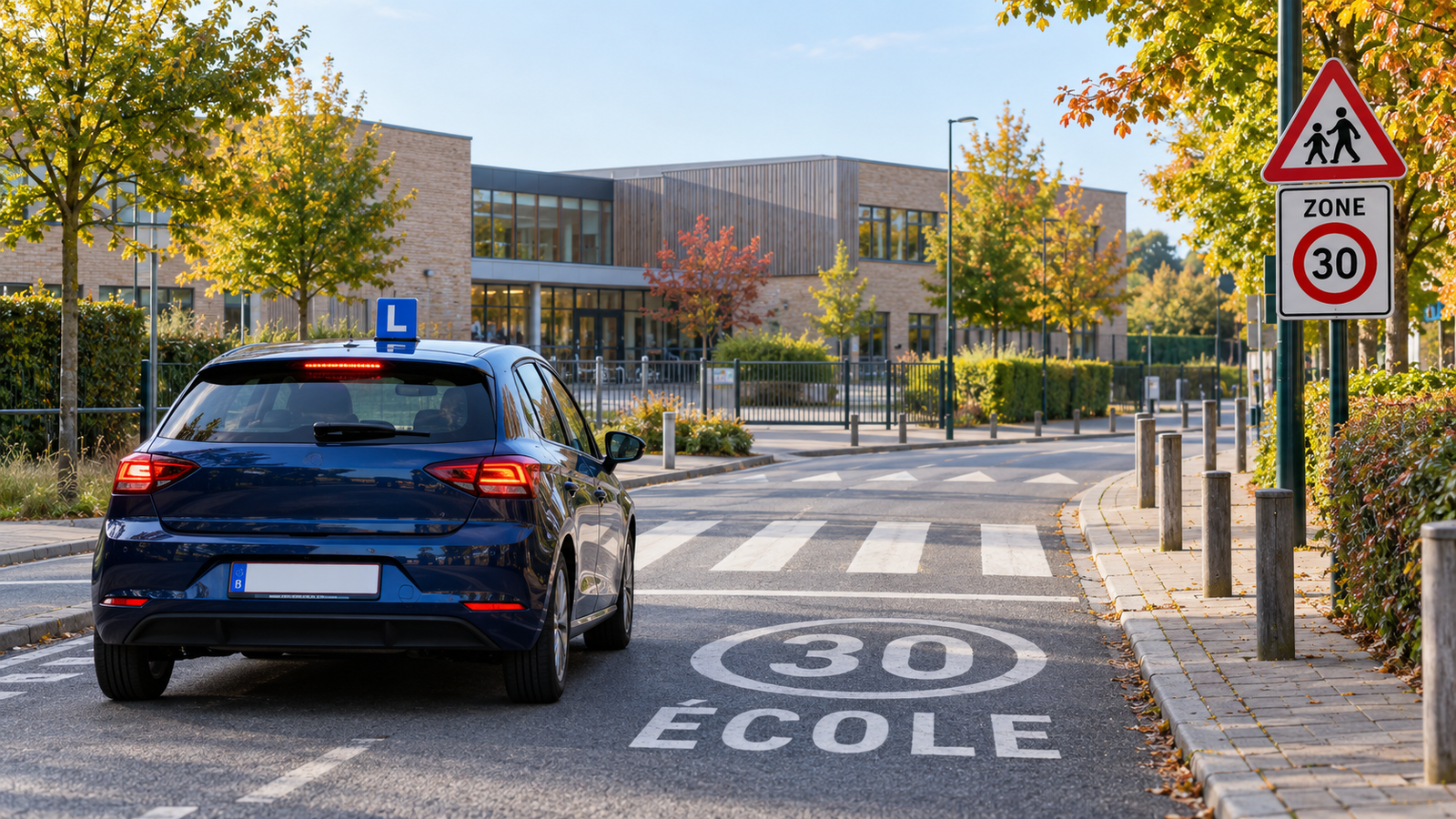 Voiture d’auto-école ralentissant devant une école à Louvain-la-Neuve