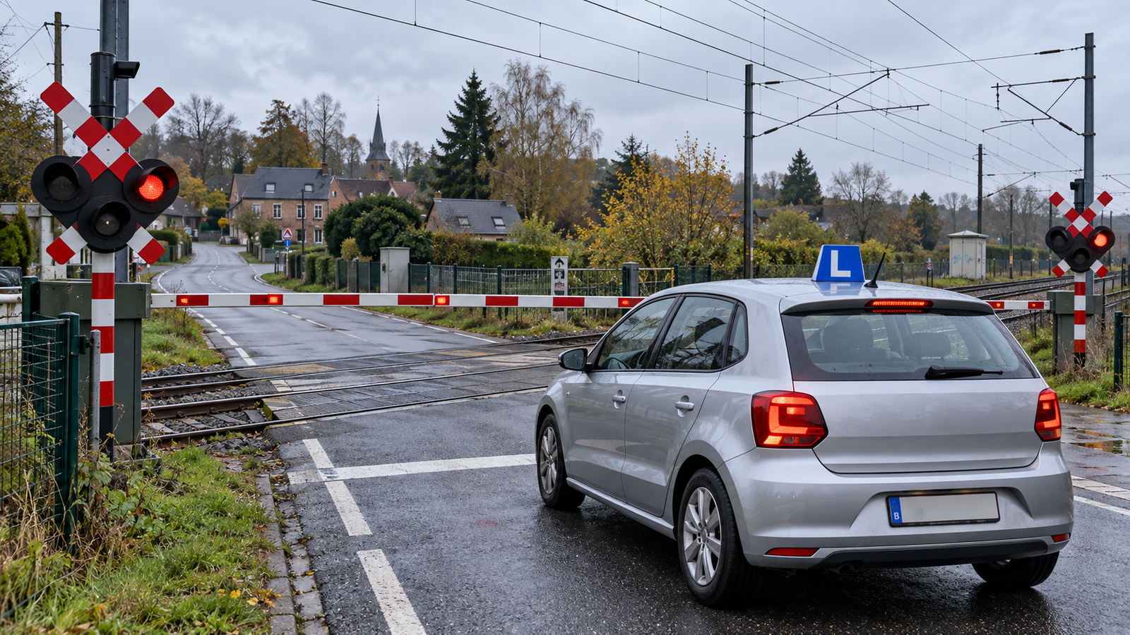 Voiture d’auto-école arrêtée devant un passage à niveau en Brabant wallon