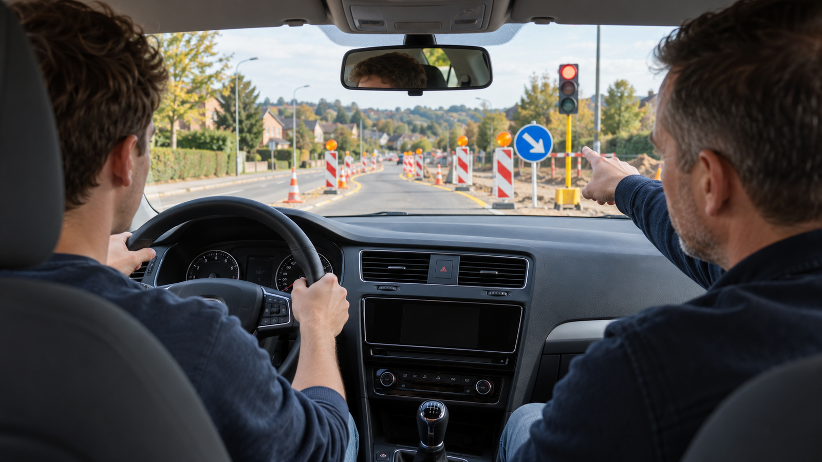 Élève conducteur et moniteur observant la signalisation temporaire d’un chantier près de Louvain-la-Neuve