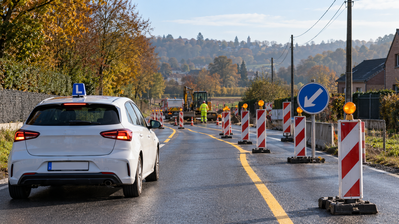 Voiture d’auto-école approchant un chantier routier en Brabant wallon